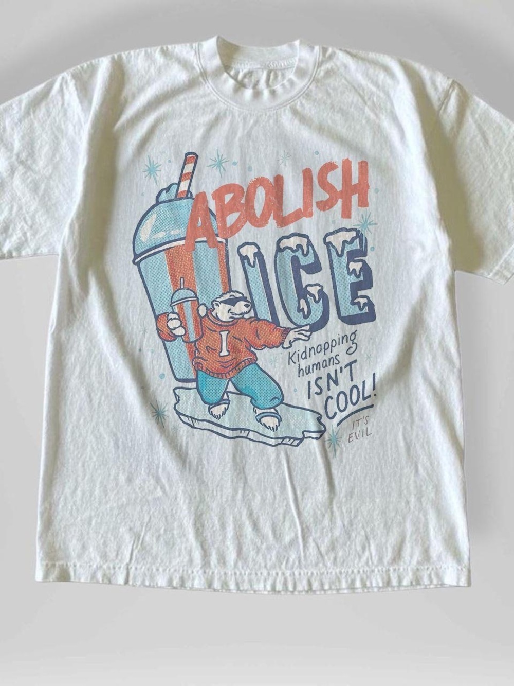 Gildan White Graphic Tee with Coral & Teal 'Abolish Ice' Design
